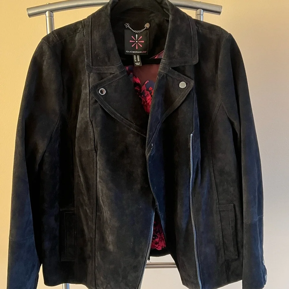 Isaac Mizrahi Black Suede Leather Motto Jacket